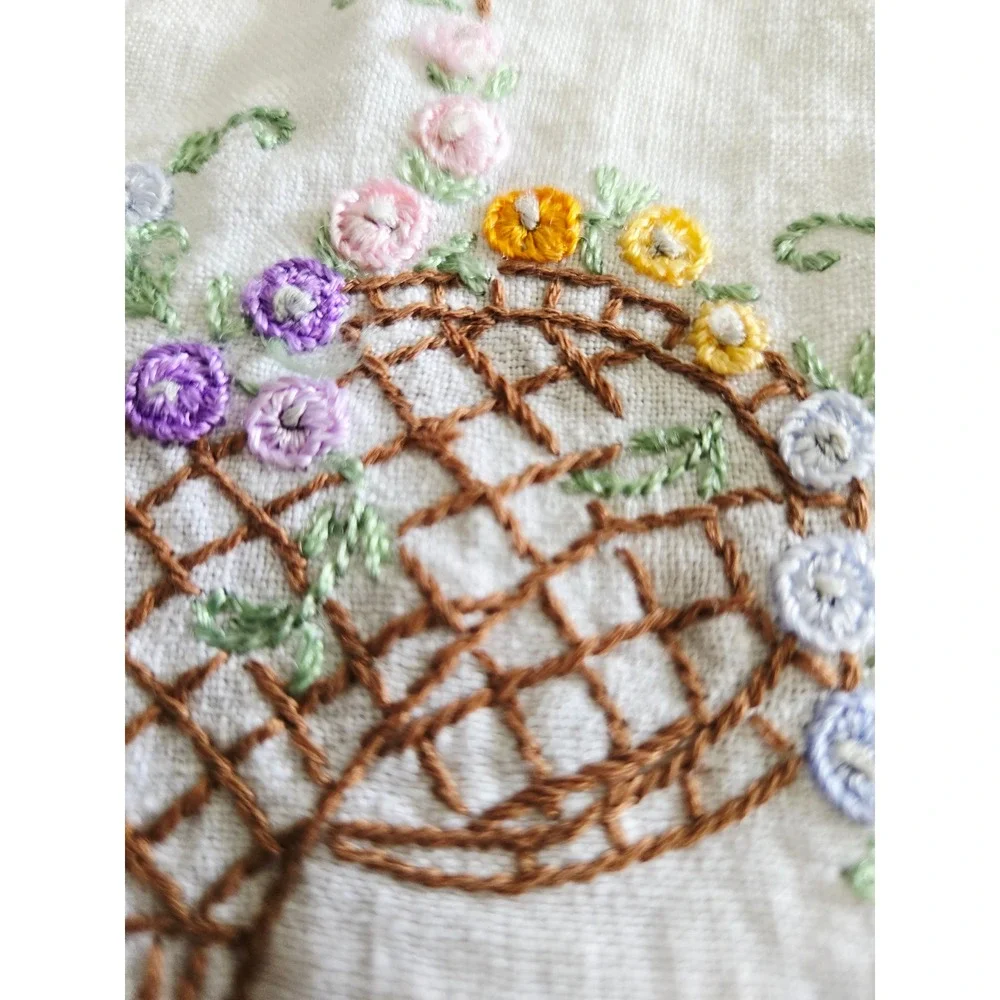 Vintage‎ Hand Embroidered White Linen Table Runner Floral Basket Lace 42x18